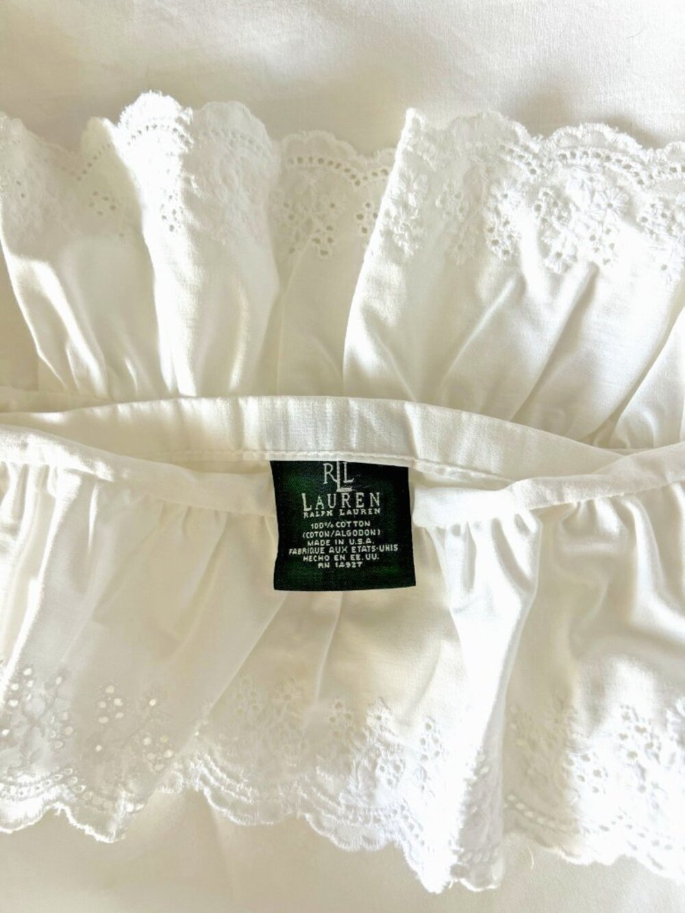 LAUREN RALPH LAUREN KING Flat Sheet Bromley White Ruffled Eyelet 100% Cotton USA